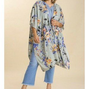 New Umgee Duster Kimono Green Mixed Floral Boho Peasant Plus Size